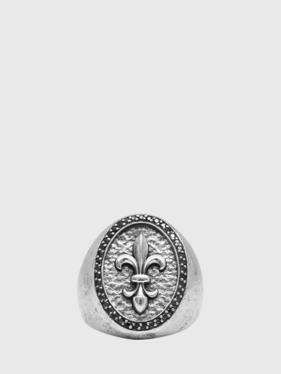 FLEUR DE LIS FEATURE RING WITH BLACK DIAMONDS